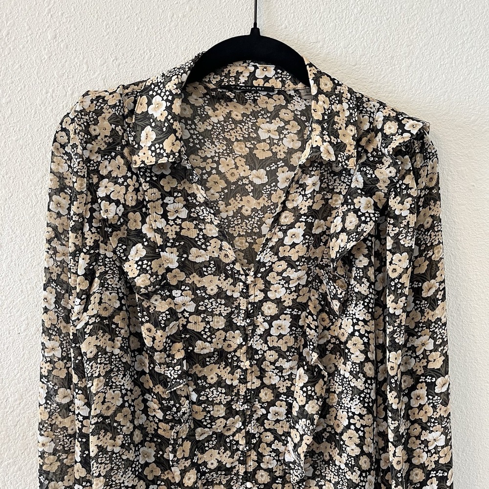 Tahari Women's Blouse Size S Black Floral Chiffon Ruffles Romantic Cottage Fairy - Picture 5 of 15